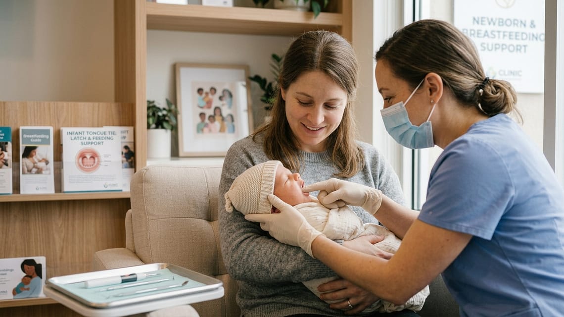 A pediatric dentist gently examining a newborn baby's mouth for infant tongue tie as the mother looks on at Family Dental Guelph.