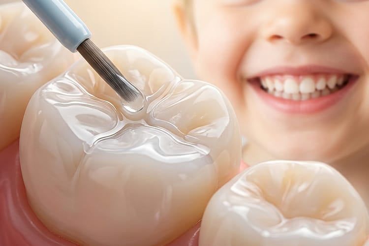 Close-up of a dental sealant resin being applied with a fine applicator brush into the deep grooves of a molar tooth, with a smiling child blurred in the background.
